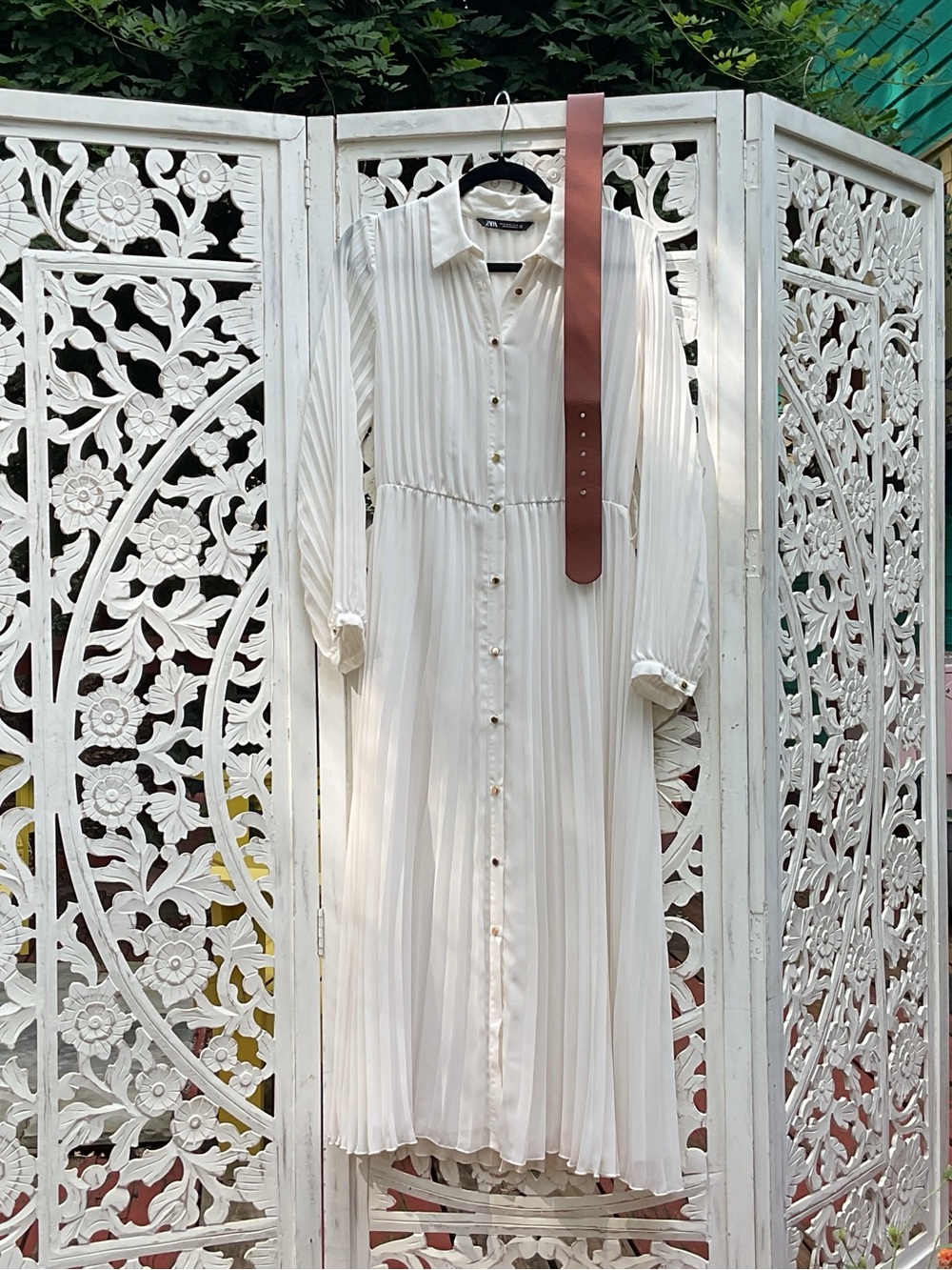 Zara Pleated Button-Front Cream Shirt Dress